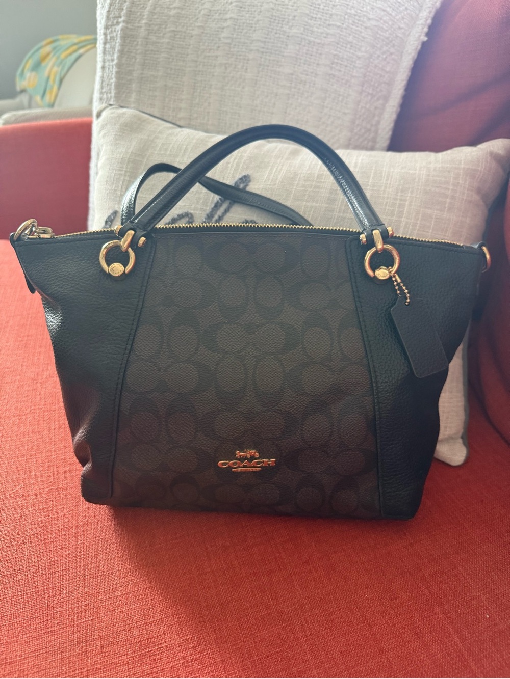 Coach Black and Brown Signature Logo Leather Handbag with Gold Hardware